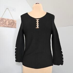 Ruby Cho Black Cutout Silver Toned Detail Textured Knit Sweater Top Medium